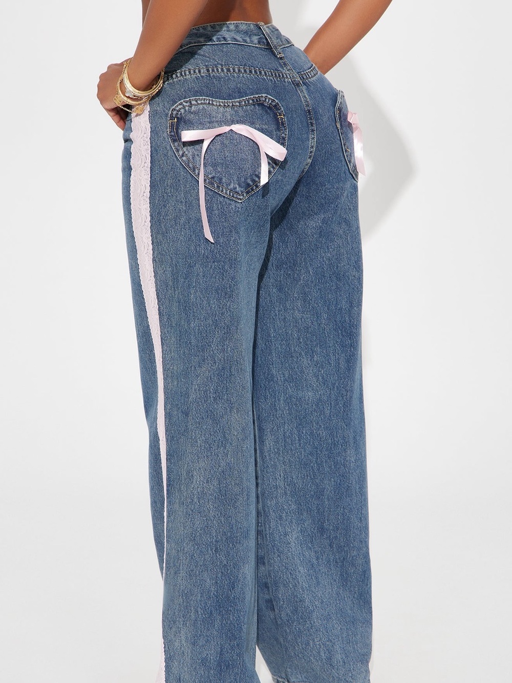 Fashion Nova Blue Wide-Leg Denim Pants with Pink Ribbon Accents